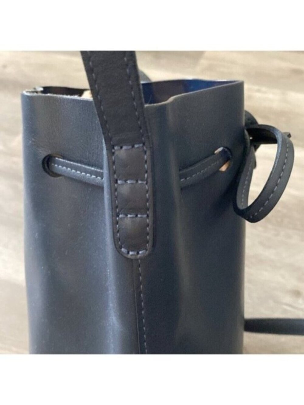 Mansur Gavriel Leather Bucket Bag Drawstring Navy Blue Gold Hardware Purse $695 - Picture 9 of 15